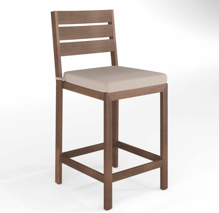 Martha Stewart Bedford 2-Piece Indoor-Outdoor Bar Stool Set with Weather-Resistant Cushions & Woodgrain Aluminum Frame in Brown/Cream