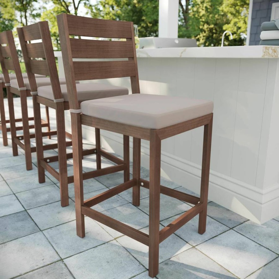 Martha Stewart Bedford 2-Piece Indoor-Outdoor Bar Stool Set with Weather-Resistant Cushions & Woodgrain Aluminum Frame in Brown/Cream