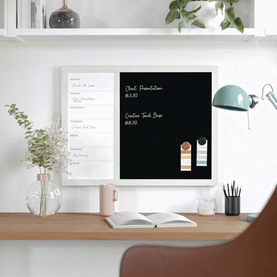 Martha Stewart Everette 24"x18" Magnetic Weekly Calendar - Dry Erase & Chalk Board with Woodgrain Frame, Liquid Chalk Marker & Magnets for Home or Office Organization