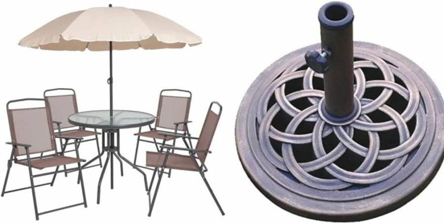 Flash Furniture 6-Piece Outdoor Dining Set with Folding Chairs, Tempered Glass Table, and Market Umbrella Base for Patio