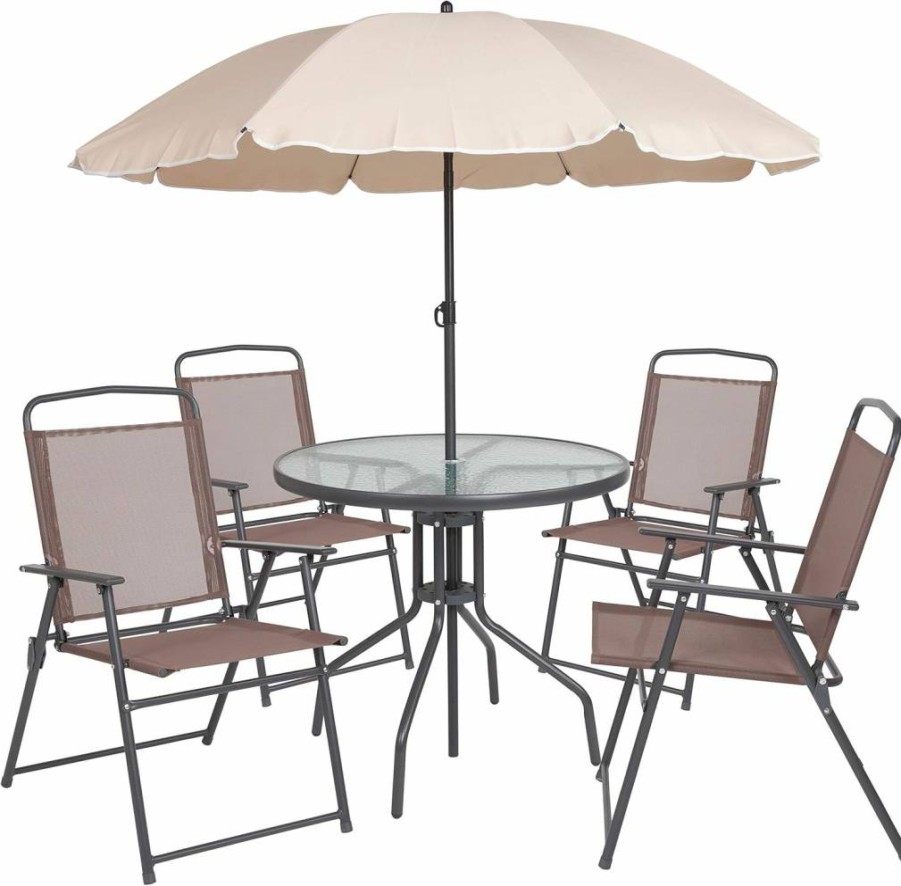 Flash Furniture 6-Piece Outdoor Dining Set with Folding Chairs, Tempered Glass Table, and Market Umbrella Base for Patio