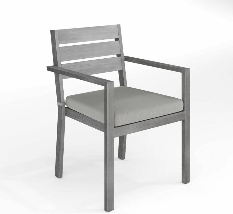 Martha Stewart Bedford Stackable Aluminum Patio Armchair with Gray Woodgrain Finish & All-Weather Cushion for Indoor-Outdoor Use