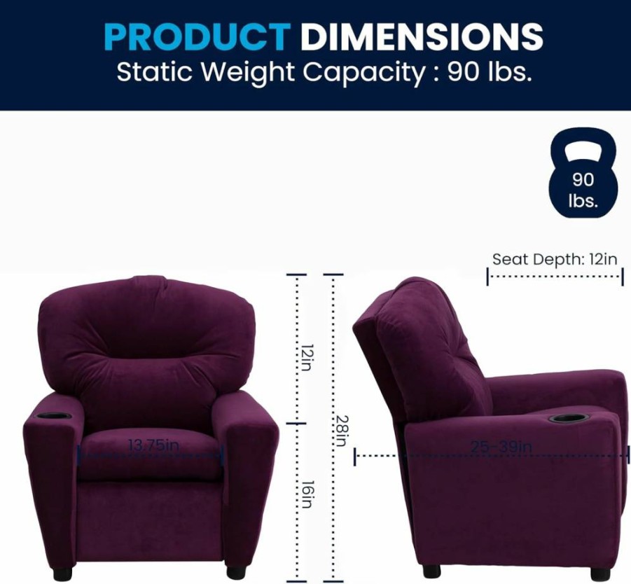 Flash Furniture Kids Recliner Chair - Lavender Vinyl Reclining Chair with Cup Holder, Safety Recline, Supports 90 Lbs, Modern Children's Recliner