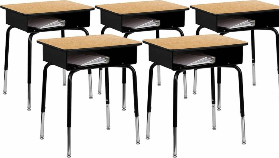 Flash Furniture Adjustable Height Student Desk with Metal Book Box, Open Front School Desk for Classroom or Home Learning, Natural & Black Finish