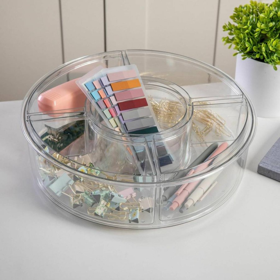 Martha Stewart 12-Inch Clear Rotating Lazy Susan Organizer with 5 Removable Bins, 360-Degree Spinning Desk Storage for Kitchen, Office, and Home Organization