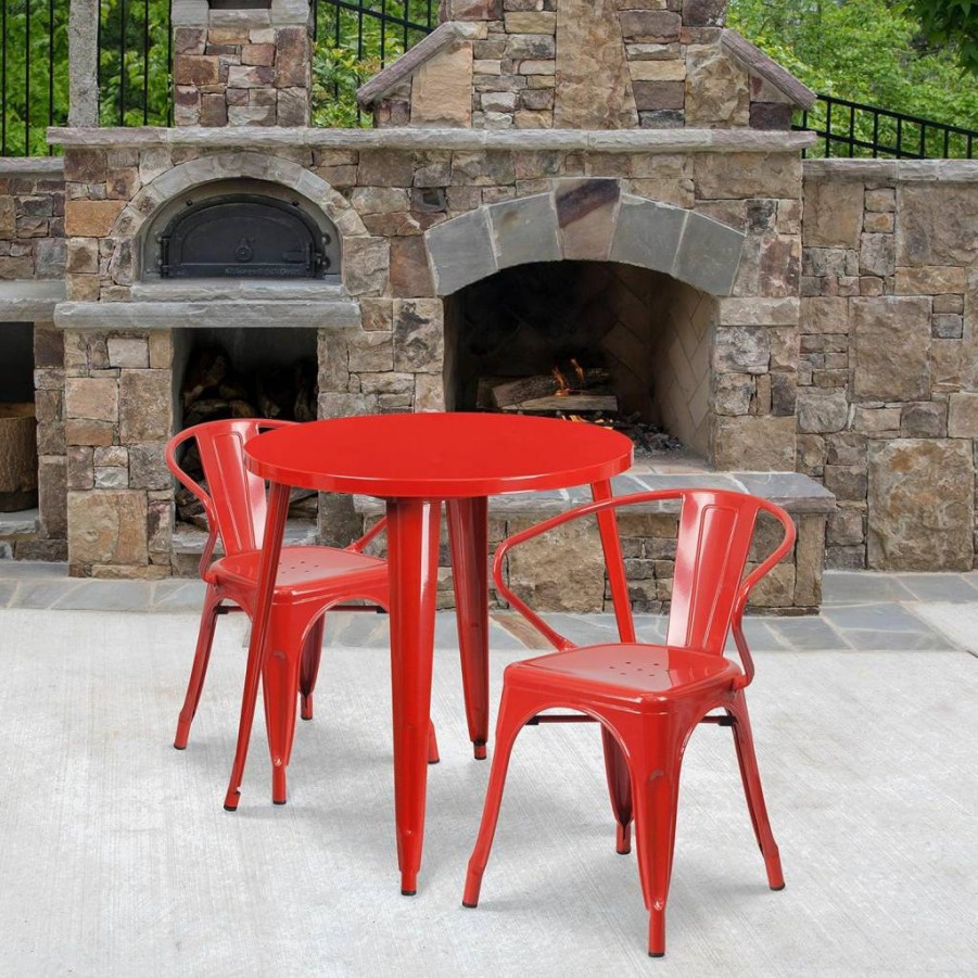 Flash Furniture Conrad 30" Round Black Metal Table Set with 2 Arm Chairs for Indoor-Outdoor Use
