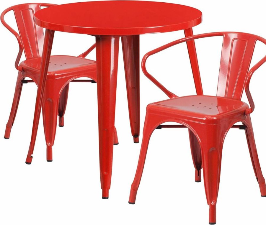 Flash Furniture Conrad 30" Round Black Metal Table Set with 2 Arm Chairs for Indoor-Outdoor Use
