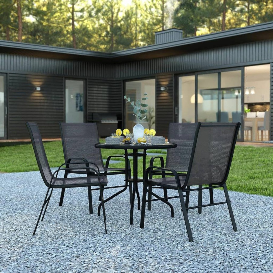 Flash Furniture Brazos 3-Piece Outdoor Dining Set with 2 Gray Stackable Chairs and 24" Round Tempered Glass Table for Patio