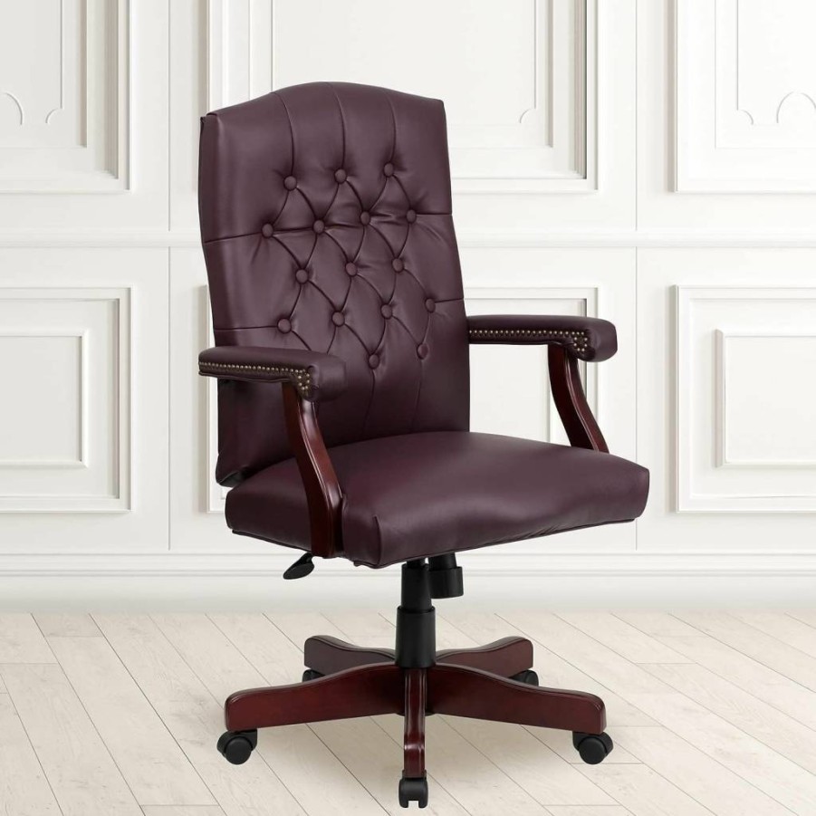 Flash Furniture Derrick Traditional Swivel Office Chair - Ergonomic High-Back Desk Chair with Microfiber Upholstery and Wood Base, Bomber Brown, Farmhouse Style