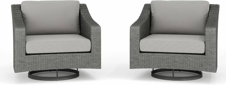 Martha Stewart Bedford 2-Piece Swivel Patio Chair Set - 360-Degree Rotating Brown Rattan Wicker Indoor-Outdoor Chairs with Tan All-Weather Cushions