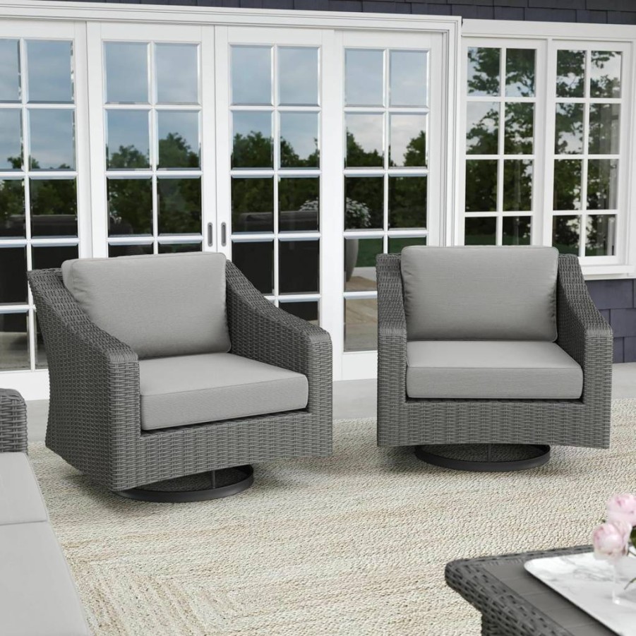 Martha Stewart Bedford 2-Piece Swivel Patio Chair Set - 360-Degree Rotating Brown Rattan Wicker Indoor-Outdoor Chairs with Tan All-Weather Cushions