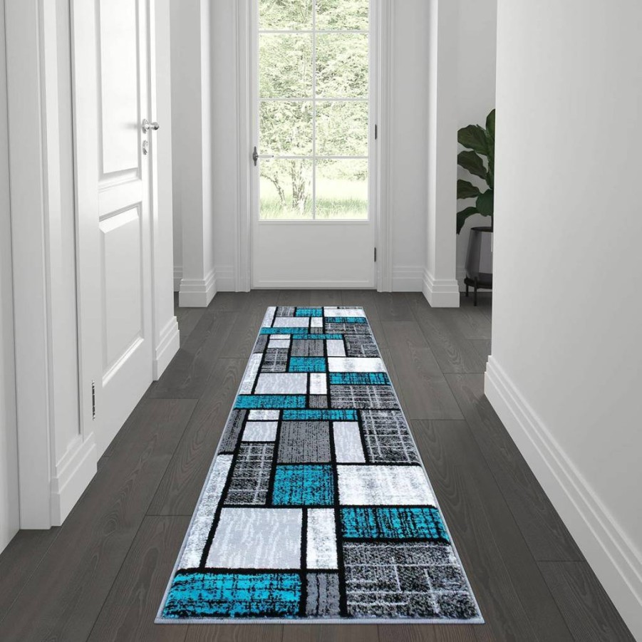 Flash Furniture Raven Collection Turquoise Olefin Area Rug 2x11 Feet with Brick Pattern - Jute Backing for Living Room, Bedroom, Entryway