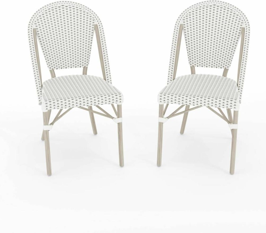 Martha Stewart 2-Piece Stackable Bistro Chairs Set - Indoor/Outdoor Aluminum Frame with Woodgrain Finish & Black/White Woven Rattan Seating