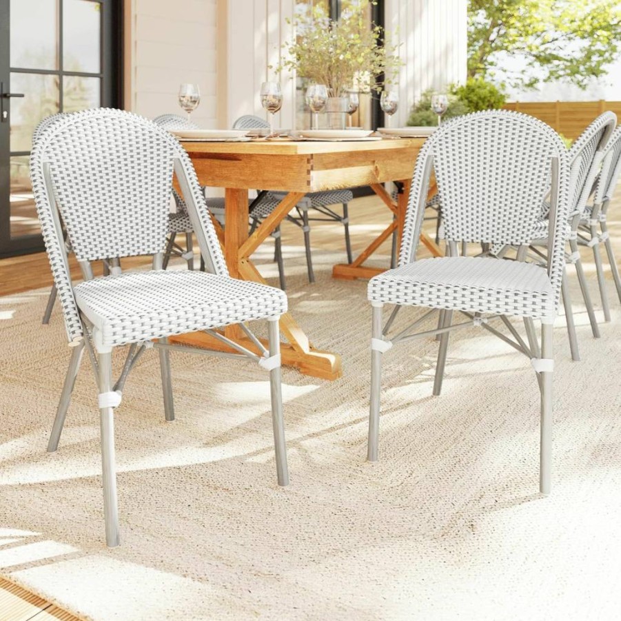 Martha Stewart 2-Piece Stackable Bistro Chairs Set - Indoor/Outdoor Aluminum Frame with Woodgrain Finish & Black/White Woven Rattan Seating