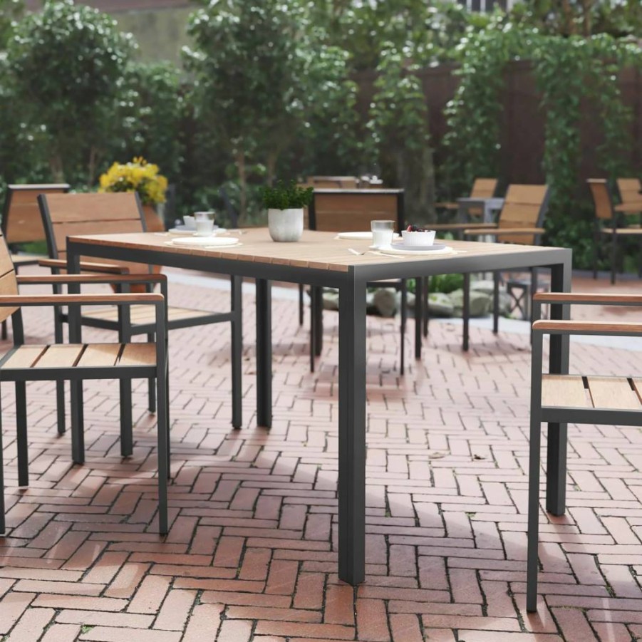 Flash Furniture 55" Commercial Outdoor Dining Table with Faux Teak Slats & Metal Frame, Natural Gray – Durable Weather-Resistant Design