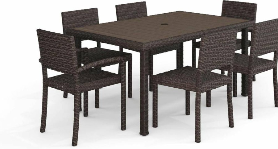 Martha Stewart 7-Piece Gray Rattan Dining Set - 62" Faux Wood Table & 6 Stackable Chairs for Indoor-Outdoor Use