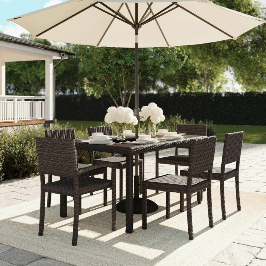 Martha Stewart 7-Piece Gray Rattan Dining Set - 62" Faux Wood Table & 6 Stackable Chairs for Indoor-Outdoor Use