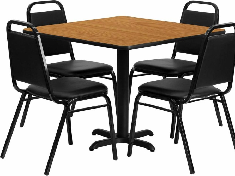 Flash Furniture 36" Square Mahogany Laminate Dining Table Set with X-Base & 4 Black Banquet Chairs
