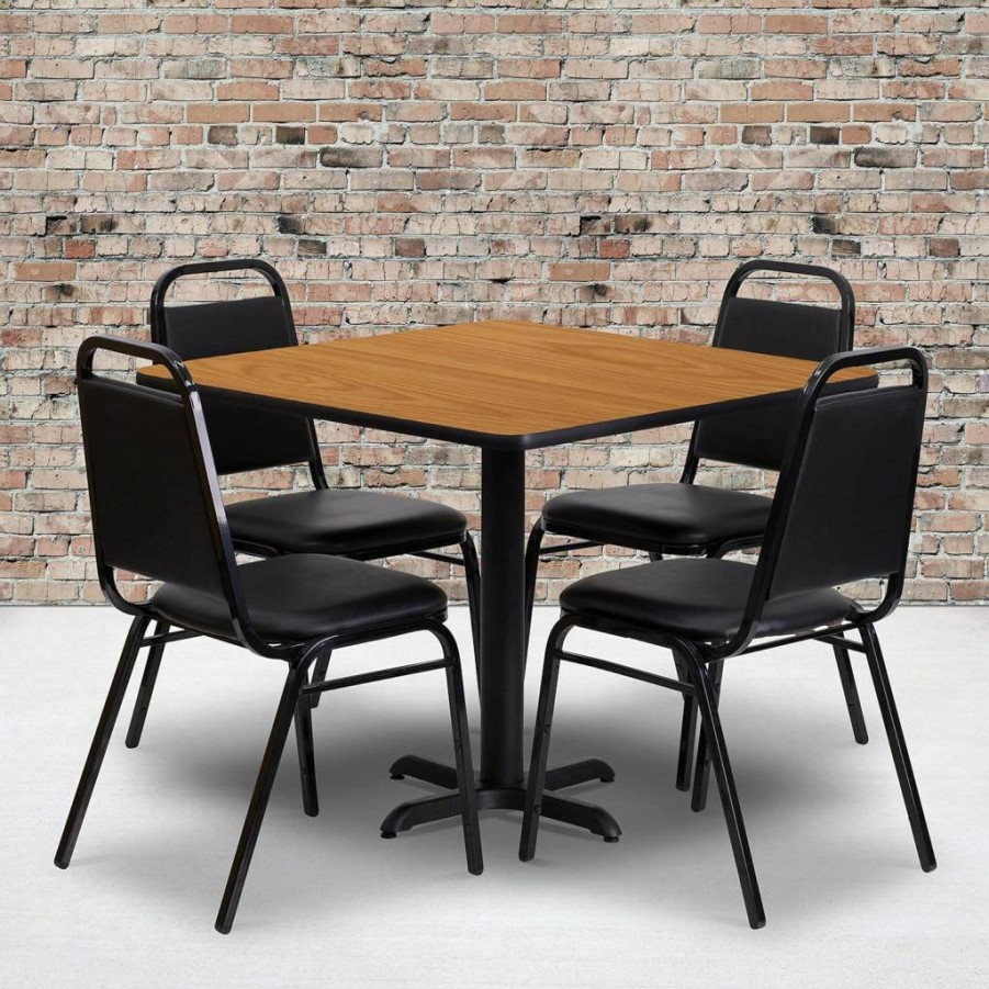 Flash Furniture 36" Square Mahogany Laminate Dining Table Set with X-Base & 4 Black Banquet Chairs