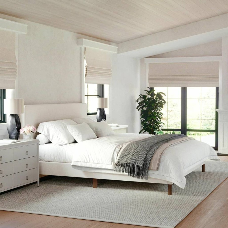 Martha Stewart Britta Upholstered Platform Bed with Headboard - Full Size, Gray Faux Linen, No Box Spring Required