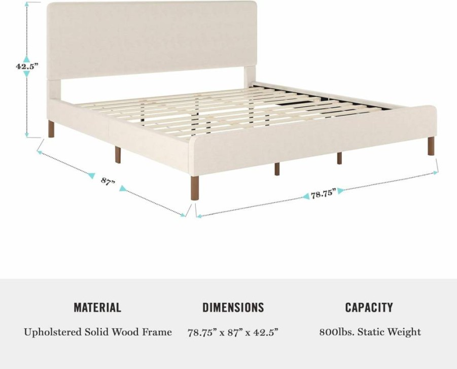 Martha Stewart Britta Upholstered Platform Bed with Headboard - Full Size, Gray Faux Linen, No Box Spring Required