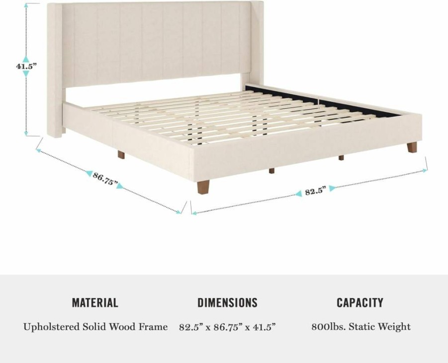 Martha Stewart Queen Platform Bed with Wingback Headboard - Low Profile Upholstered Bed Frame, Channel Stitched Faux Linen, Gray, No Box Spring Required