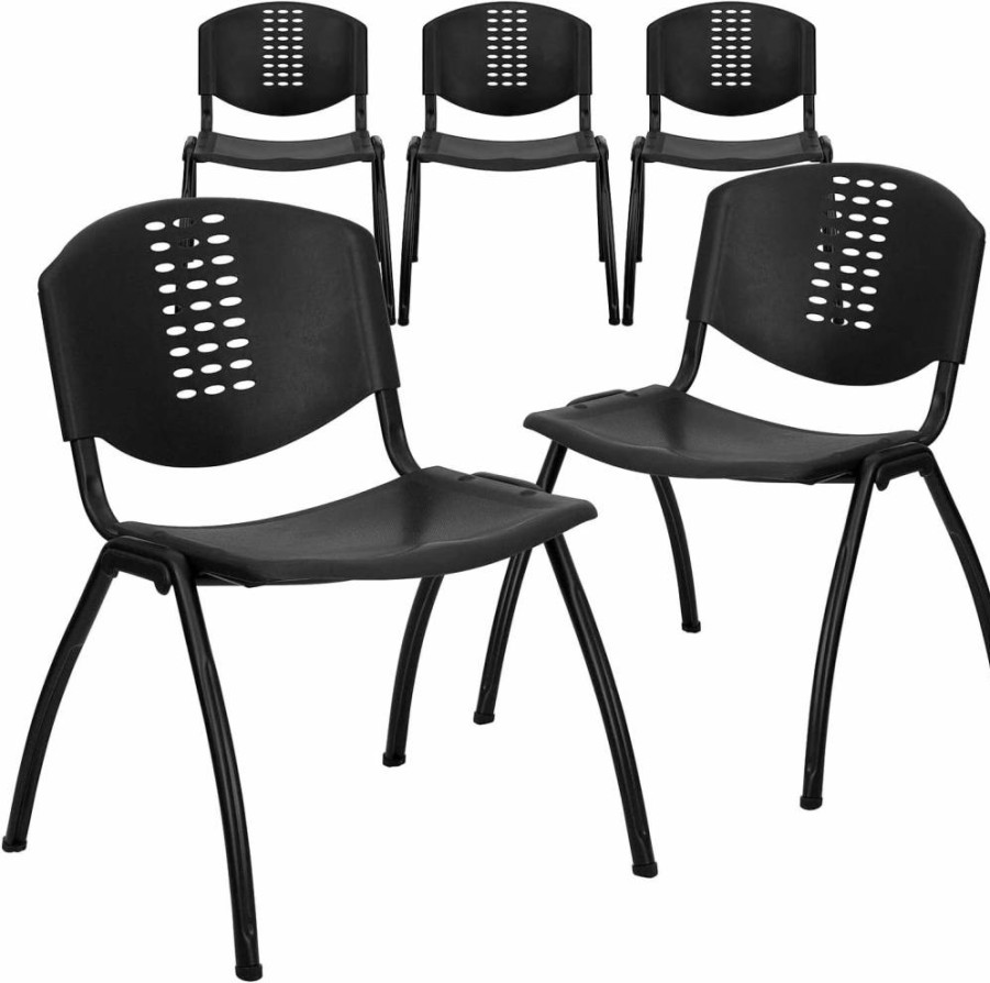 Flash Furniture Hercules Series 5-Pack Black Plastic Stack Chairs with Oval Back Cutout - 880 lb Capacity