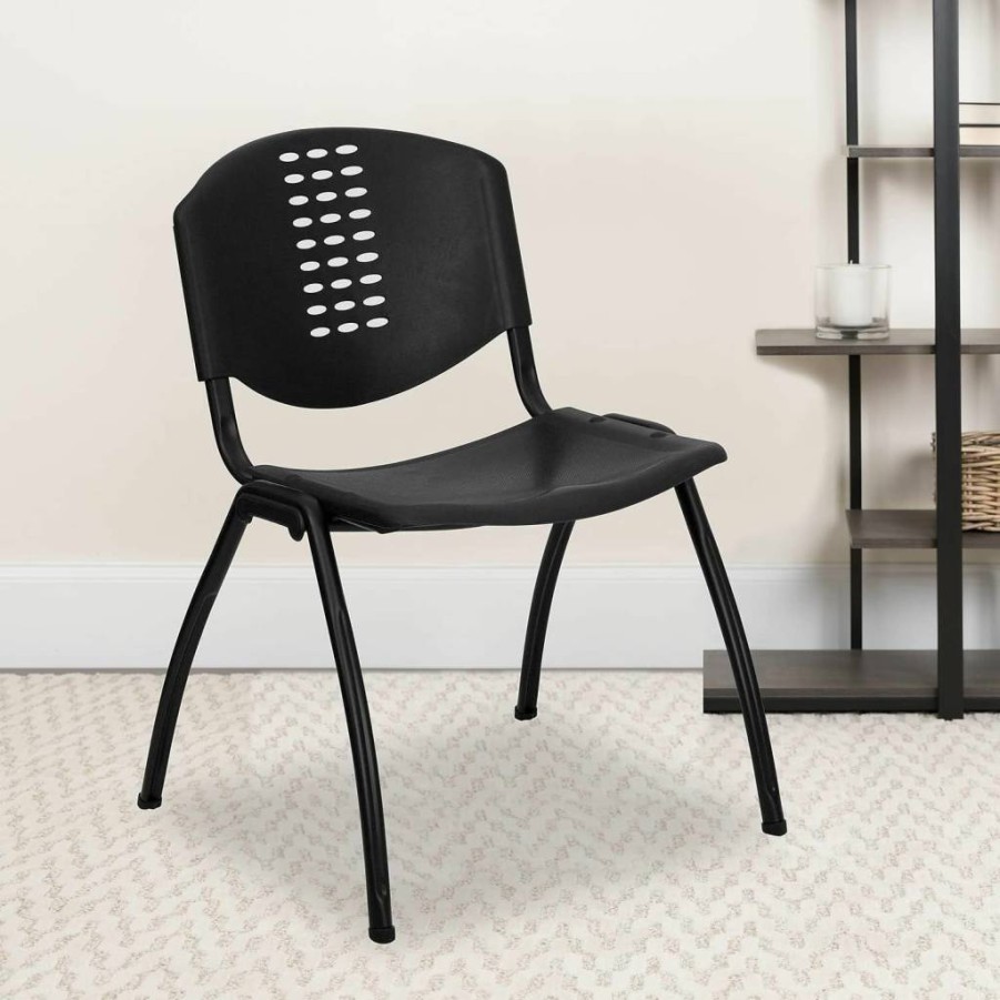 Flash Furniture Hercules Series 5-Pack Black Plastic Stack Chairs with Oval Back Cutout - 880 lb Capacity
