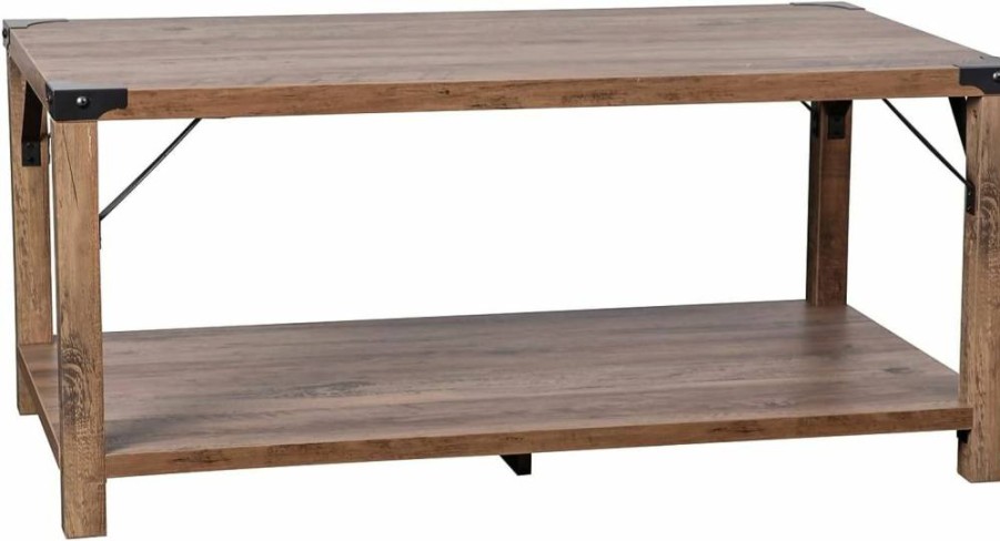 Flash Furniture Wyatt Modern Farmhouse Coffee Table - Rustic Oak Finish, Black Metal Braces, 2-Tier Engineered Wood Design
