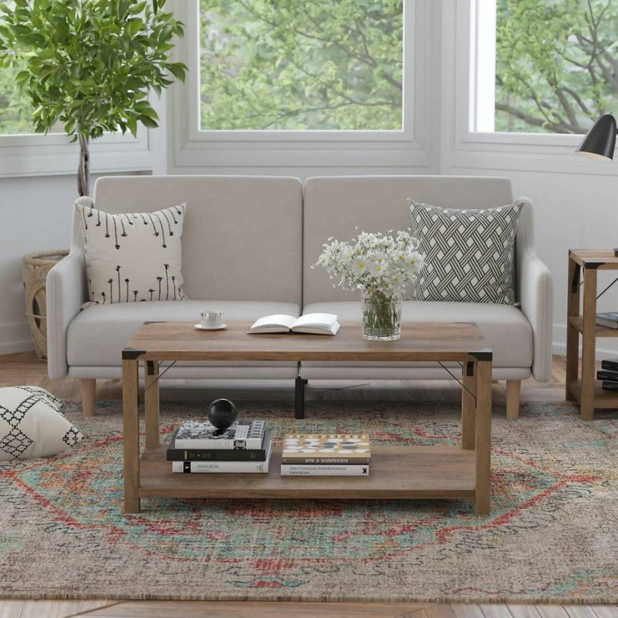 Flash Furniture Wyatt Modern Farmhouse Coffee Table - Rustic Oak Finish, Black Metal Braces, 2-Tier Engineered Wood Design