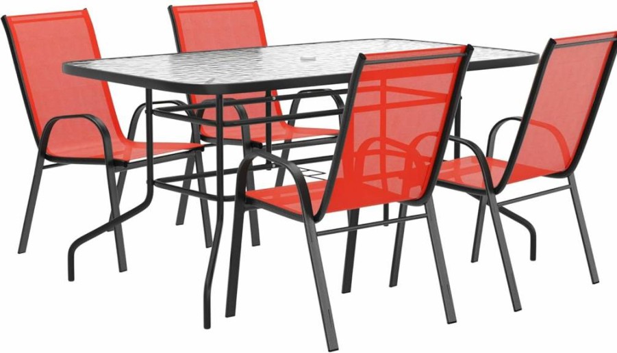 Flash Furniture Brazos 5-Piece Outdoor Dining Set with 4 Stackable Brown Flex Comfort Chairs & 55-Inch Tempered Glass Table (Umbrella Hole Included)
