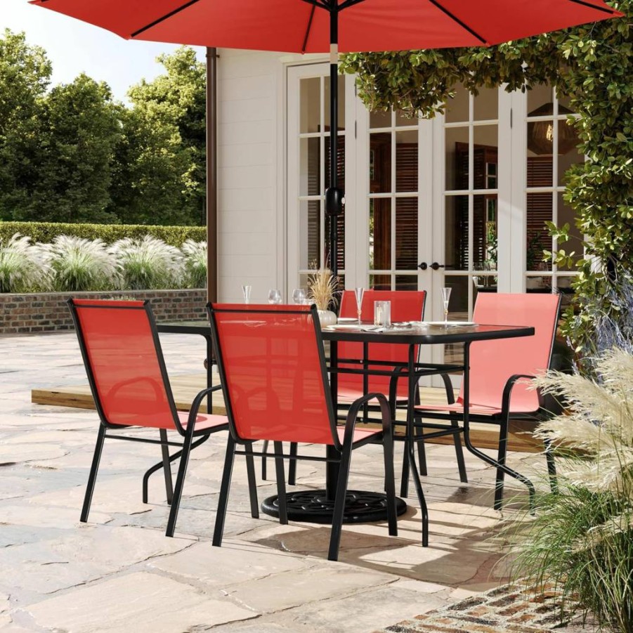 Flash Furniture Brazos 5-Piece Outdoor Dining Set with 4 Stackable Brown Flex Comfort Chairs & 55-Inch Tempered Glass Table (Umbrella Hole Included)