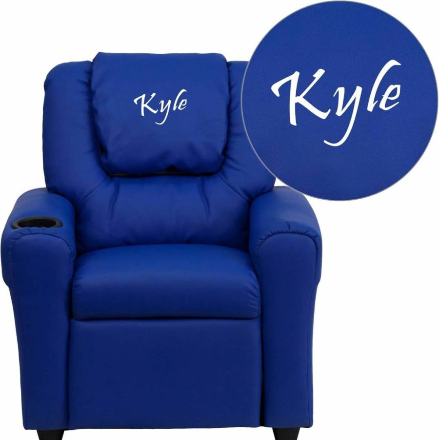 Flash Furniture Personalized Blue Vinyl Kids Recliner with Cup Holder & Headrest - Durable & Comfortable Children's Chair