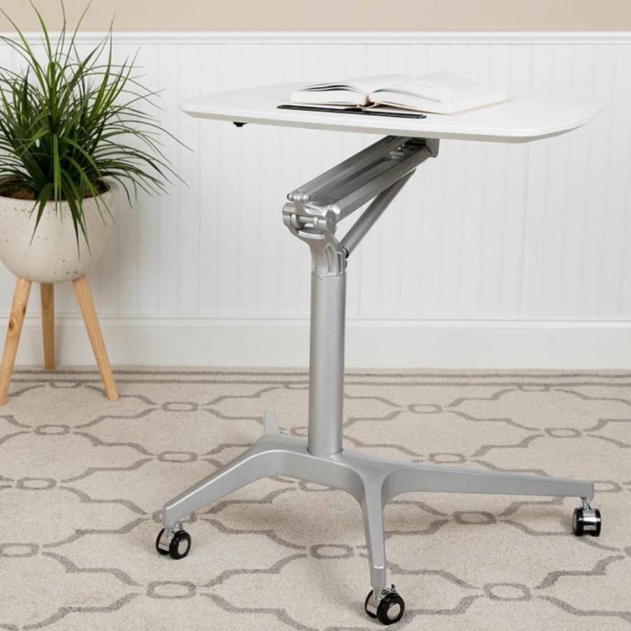 Flash Furniture Adjustable Height Ergonomic Computer Desk - 28.25" Wide White Sit-Stand Workstation (29"-41" Range)