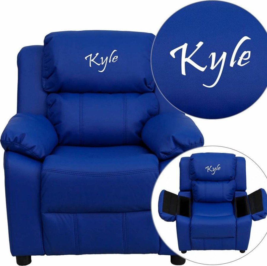 Flash Furniture BT-7985 Deluxe Kids Recliner with Storage Arms - Blue Vinyl Personalized Padded Chair for Children