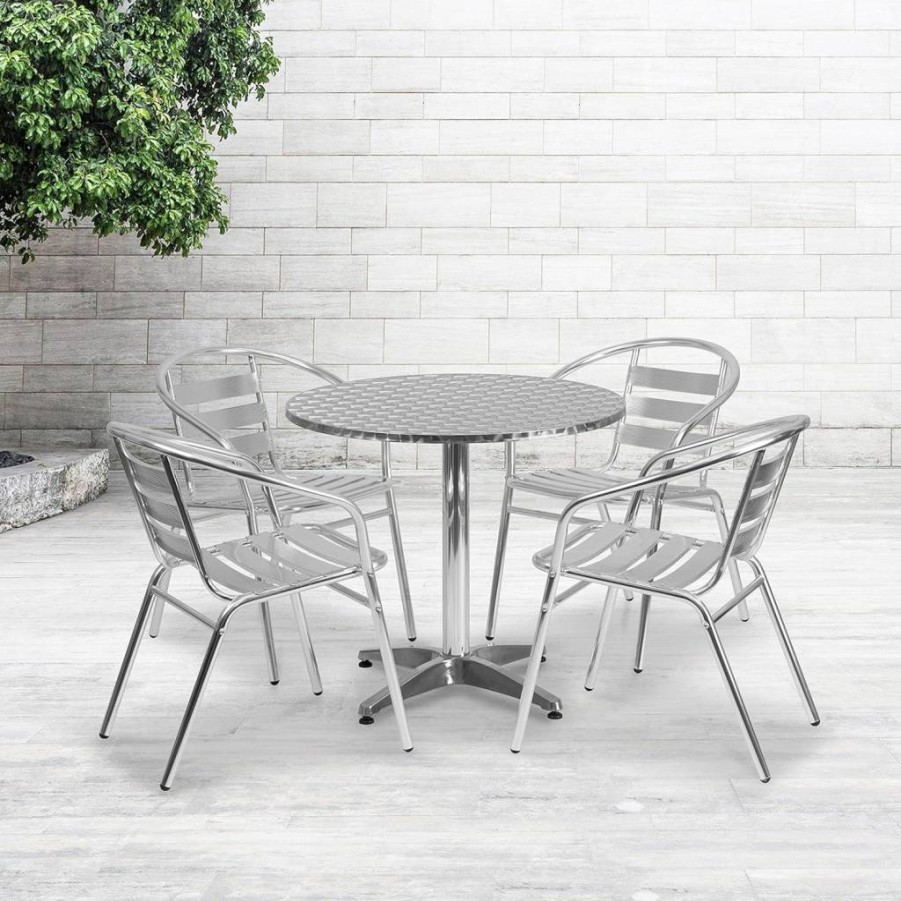 Flash Furniture 31.5" Round Aluminum Patio Dining Set with 4 Slat Back Chairs - Indoor Outdoor Table and Chair Set