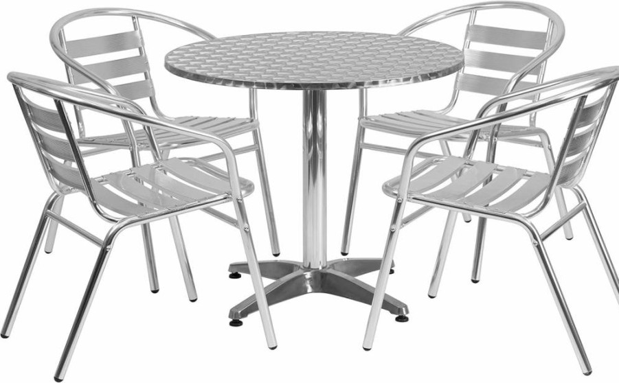Flash Furniture 31.5" Round Aluminum Patio Dining Set with 4 Slat Back Chairs - Indoor Outdoor Table and Chair Set