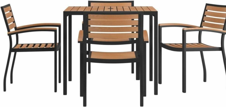 Flash Furniture 5-Piece Outdoor Dining Set - 35" Square Table with Umbrella Hole & 4 Stackable Chairs - Synthetic Teak Poly Slats - Steel Frame - Patio Furniture