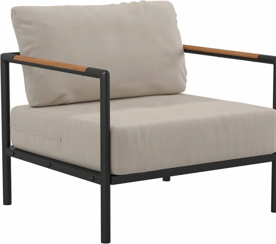 Flash Furniture Modern Patio Chair - Black Aluminum Frame with Teak Arms & Beige Cushions, Indoor Outdoor Use