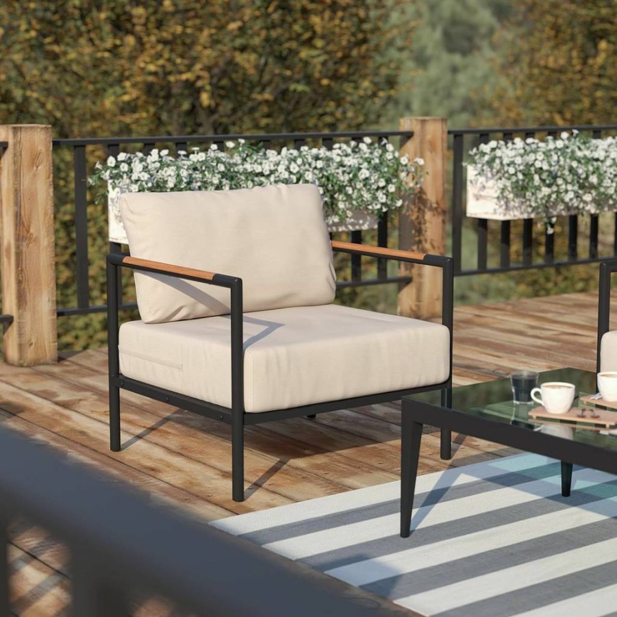 Flash Furniture Modern Patio Chair - Black Aluminum Frame with Teak Arms & Beige Cushions, Indoor Outdoor Use