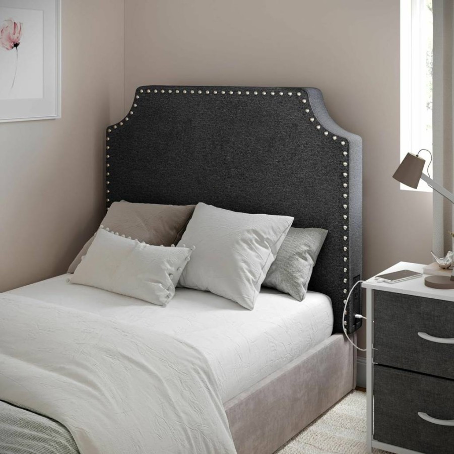 Flash Furniture Adeline Twin Headboard with USB & Type-C Charging Ports, Studded Leathersoft Upholstery, White - Modern Bed Frame with Dual Hanging Options