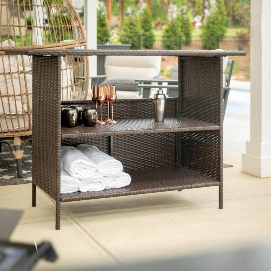 Flash Furniture Marco 2-Tier Indoor/Outdoor Bar Table - All-Weather Gray Rattan Counter Height Table with Shelves for Patio, Garden, or Kitchen