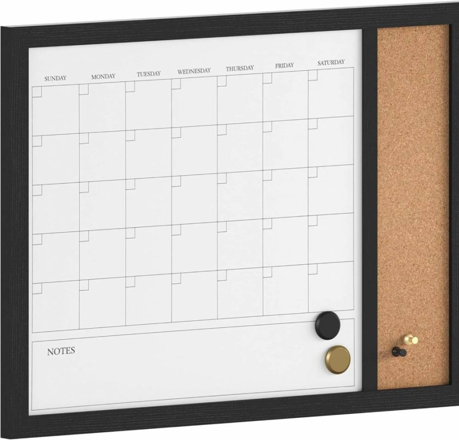 Martha Stewart Everette 24"x18" Magnetic Dry Erase Calendar & Cork Board Combo - Light Woodgrain Frame with Marker, Magnets, Push Pins