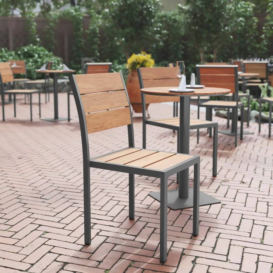 Flash Furniture Commercial Stackable Patio Chair - Faux Teak Slats, Metal Frame, Armless Design in Natural/Gray