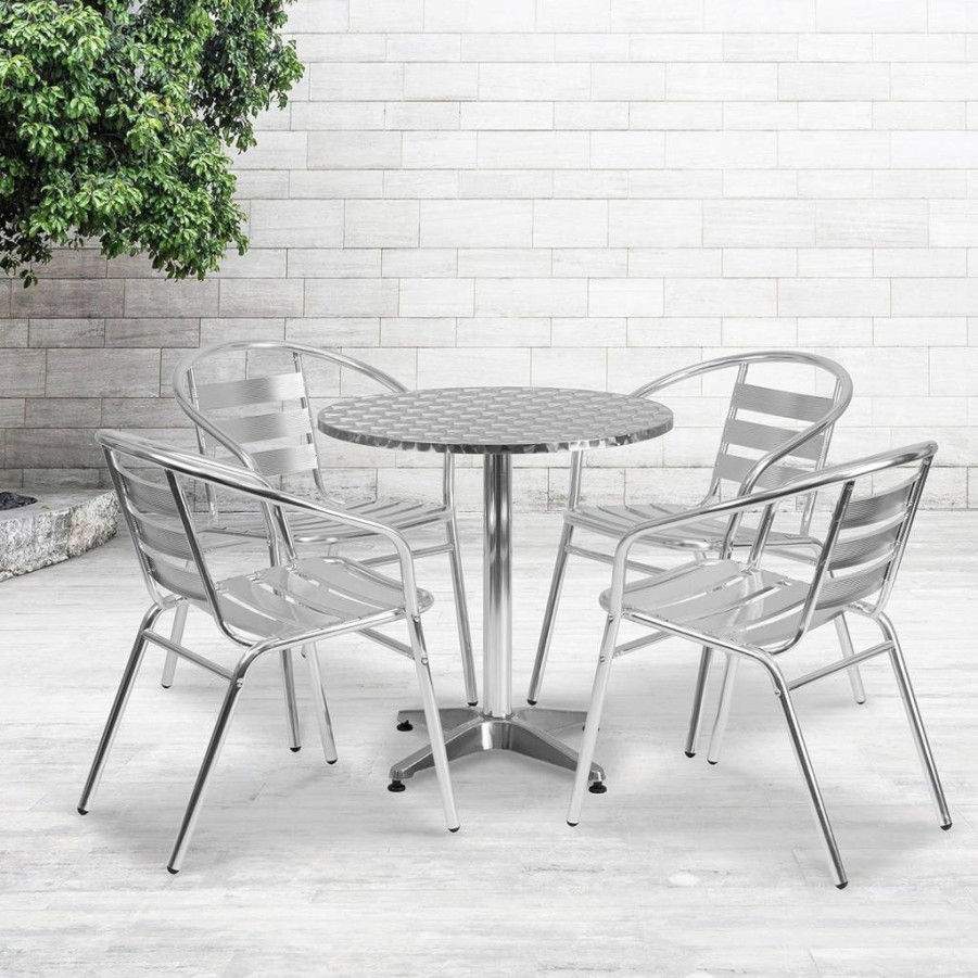 Flash Furniture 27.5 Inch Round Outdoor Dining Set with 4 Aluminum Slat Back Chairs for Patio, Garden, or Indoor Use