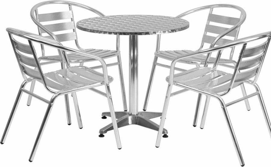 Flash Furniture 27.5 Inch Round Outdoor Dining Set with 4 Aluminum Slat Back Chairs for Patio, Garden, or Indoor Use