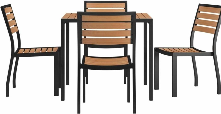 Flash Furniture 5-Piece Outdoor Dining Set - 35" Square Steel Table & 4 Faux Teak Chairs - Weather-Resistant Patio Furniture