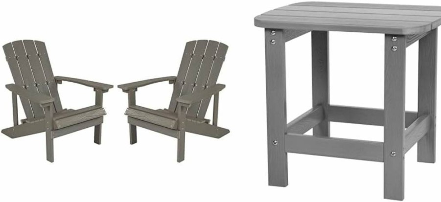 Flash Furniture 2-Piece Gray All-Weather Poly Resin Adirondack Set with Side Table - Outdoor Patio Chairs Commercial Grade
