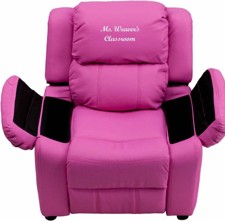 Flash Furniture BT-7985 Kids Hot Pink Vinyl Recliner with Storage Arms - Personalized Deluxe Padded Chair for Children