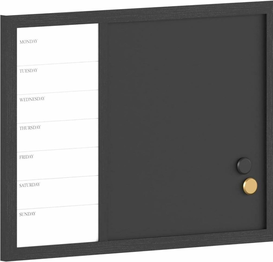 Martha Stewart Everette 24"x18" Magnetic Weekly Calendar - Dry Erase & Chalk Board Set with Liquid Chalk Marker and Magnets, Black Woodgrain Frame